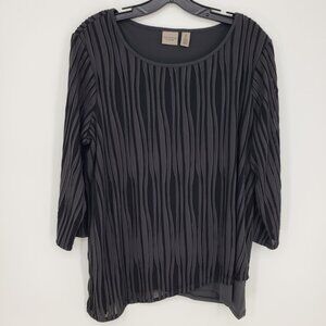 Chico's Easywear Asymmetrical Tunic Top L‎ Abstract Wavy Texture Knit Gray Black